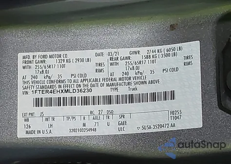 2021 Ford Ranger Xlt из США, поврежденный, VIN 1FTER4EHXMLD36230